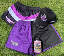 Load image into Gallery viewer, NTNT STRIPE FOOTY SHORTS - Black/Purple/White
