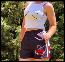 Load image into Gallery viewer, TERRITORY TIME &quot;3SOME&quot; FOOTY SHORTS - BLACK, WHITE &amp; RED COMBO
