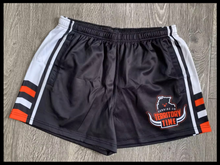 Load image into Gallery viewer, TERRITORY TIME &quot;3SOME&quot; FOOTY SHORTS - BLACK, WHITE &amp; RED COMBO
