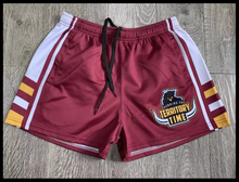 Load image into Gallery viewer, TERRITORY TIME &quot;3SUM&quot; FOOTY SHORTS - Maroon, White &amp; Yellow Combo
