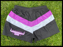 Load image into Gallery viewer, NTNT STRIPE FOOTY SHORTS - Black/Purple/White
